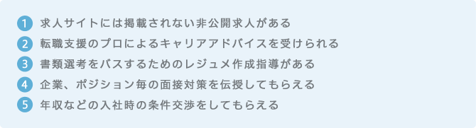 1.求人サイトには掲載されない非公開求人がある　2.転職支援のプロによるキャリアアドバイスを受けられる　3.書類選考をバスするためのレジュメ作成指導がある　4.企業、ポジション毎の面接対策を伝授してもらえる　5.年収などの入社時の条件交渉をしてもらえる
