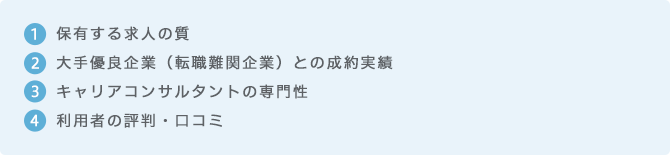 1.保有する求人の質　2.大手優良企業（転職難関企業）との成約実績　3.キャリアコンサルタントの専門性　4.利用者の評判・口コミ